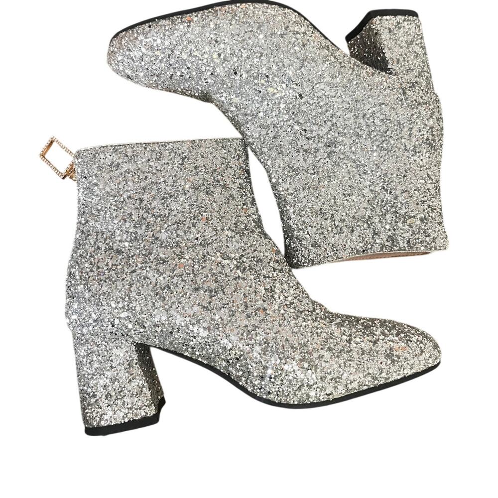 Stunning Silver Sequin Booties with Decorative Back Zipper Sz 39